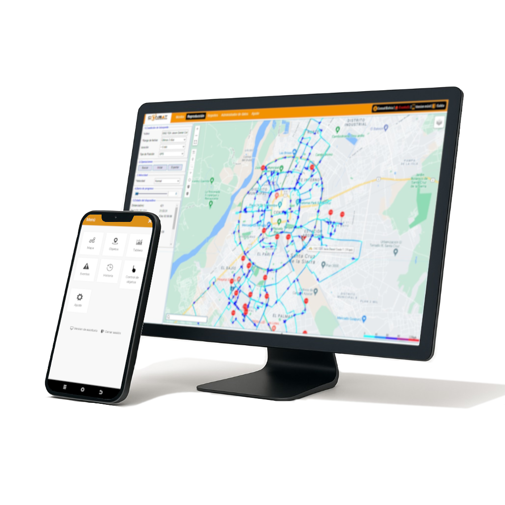 Pantalla de la plataforma web de rastreo GPS vehicular mostrando un mapa detallado con vehículos en movimiento y panel lateral con estadísticas y alertas